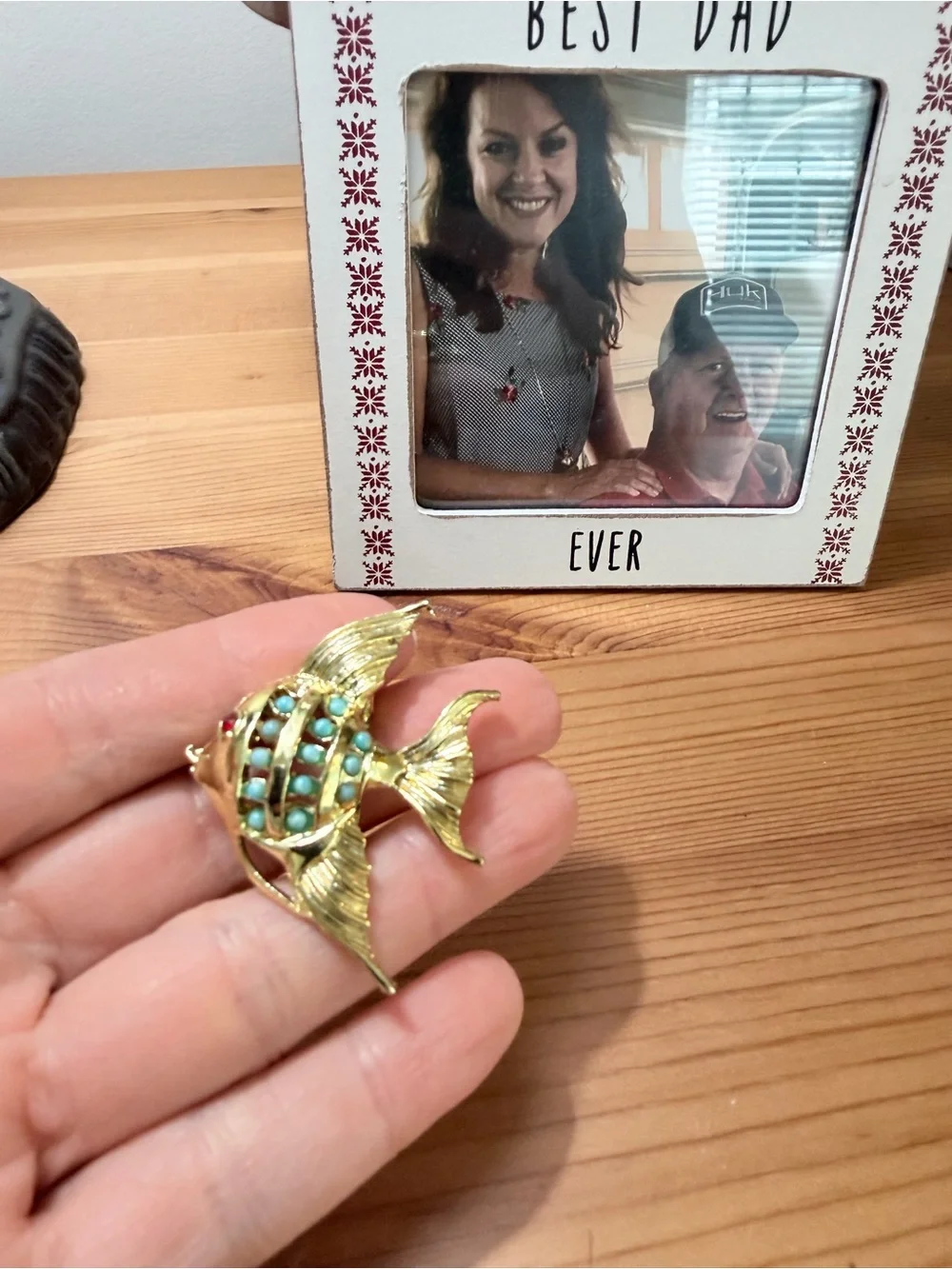 Vintage Gold Fish Pin with Turquoise and Red Accents